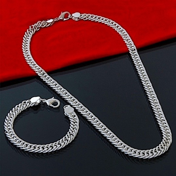 Sterling Silver 10mm Chain Link Necklace Bracelet Matching Set - Picture 1 of 7